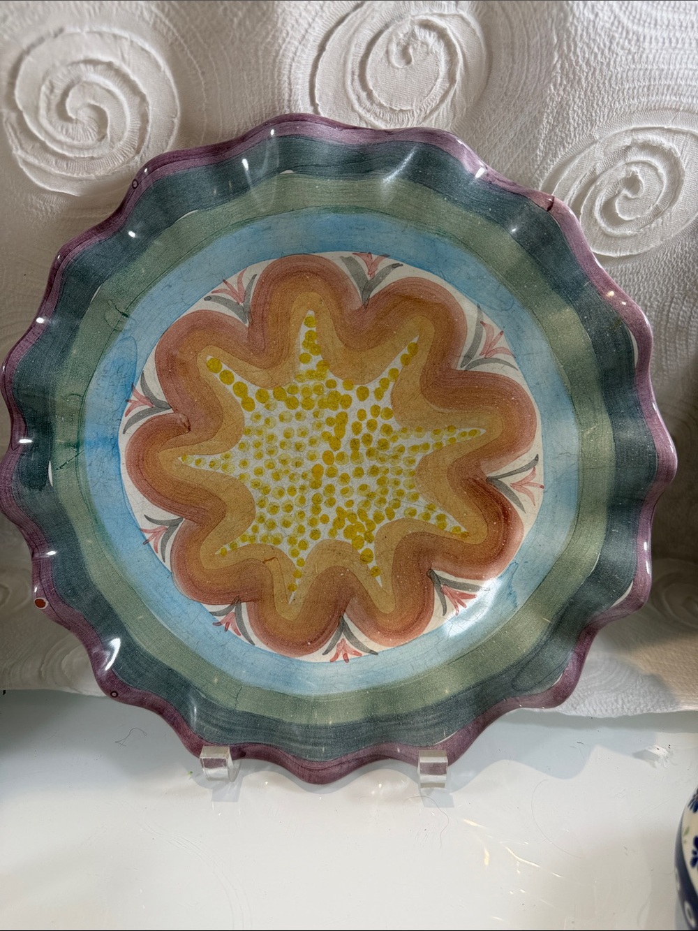 Mackenzie Childs Brittany dinner plate with scalloped edges 11.6”